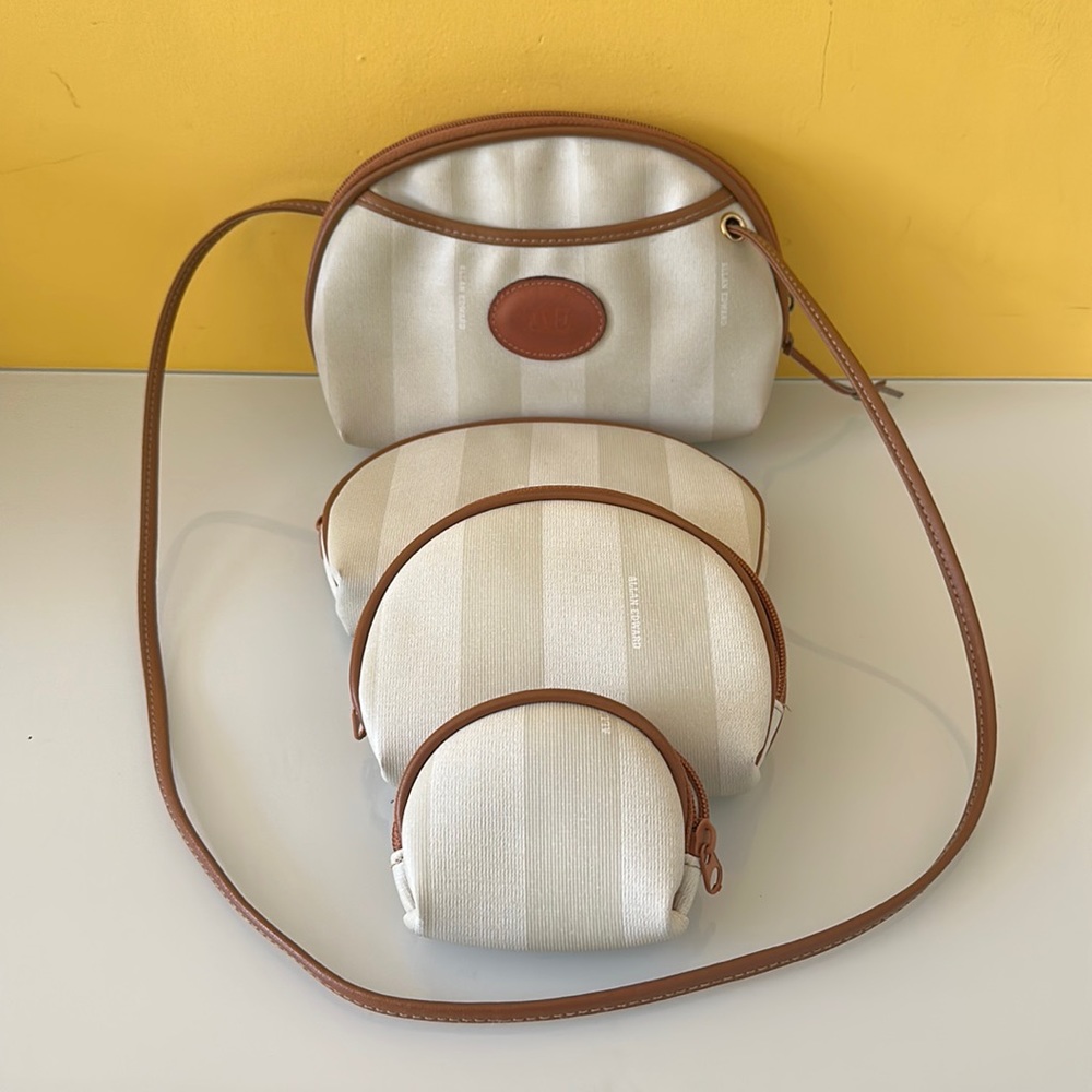 Allan Edwards White Striped Brown Leather Trim Shoulder Cosmetic Coin Bag